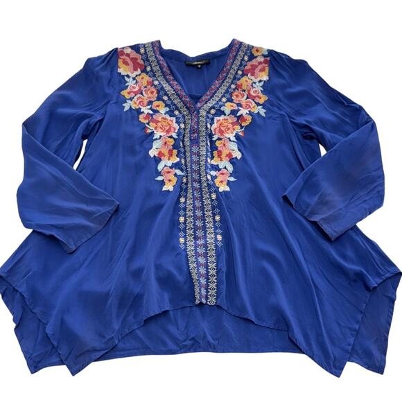 Andree by Unit Blouse Womens Small Blue Embroidered Floral Boho Rayon Tunic Top - Picture 1 of 6